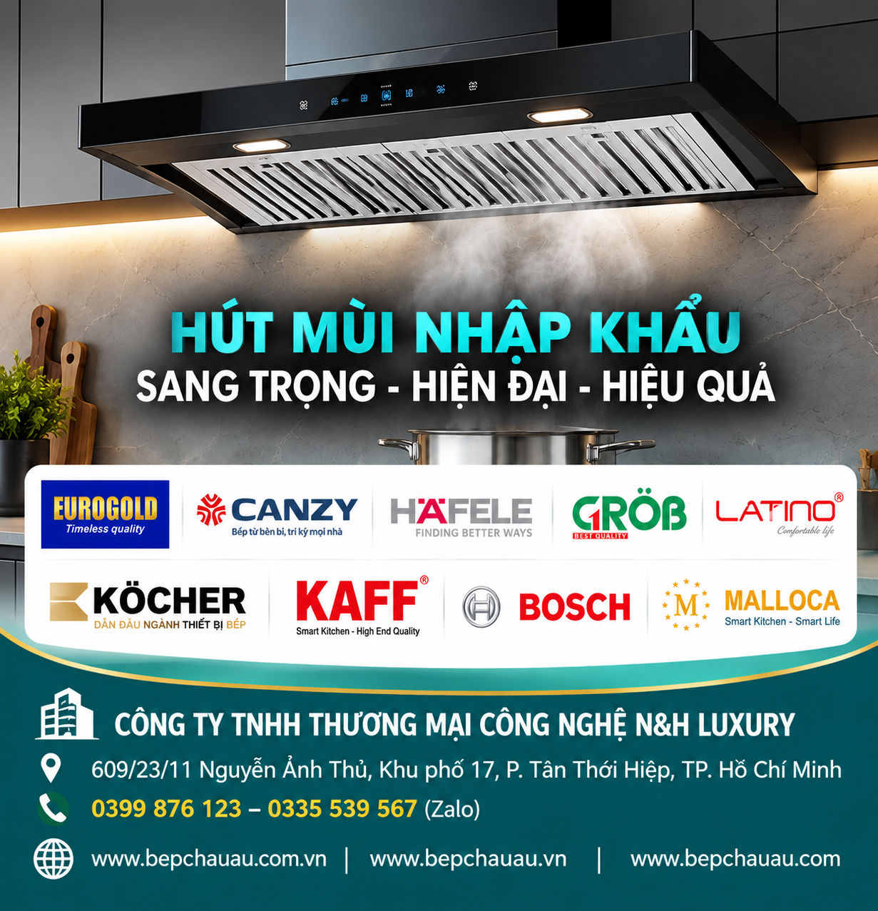 Banner các kiểu máy hút mùi, thương hiệu và thông tin Bếp Châu Âu