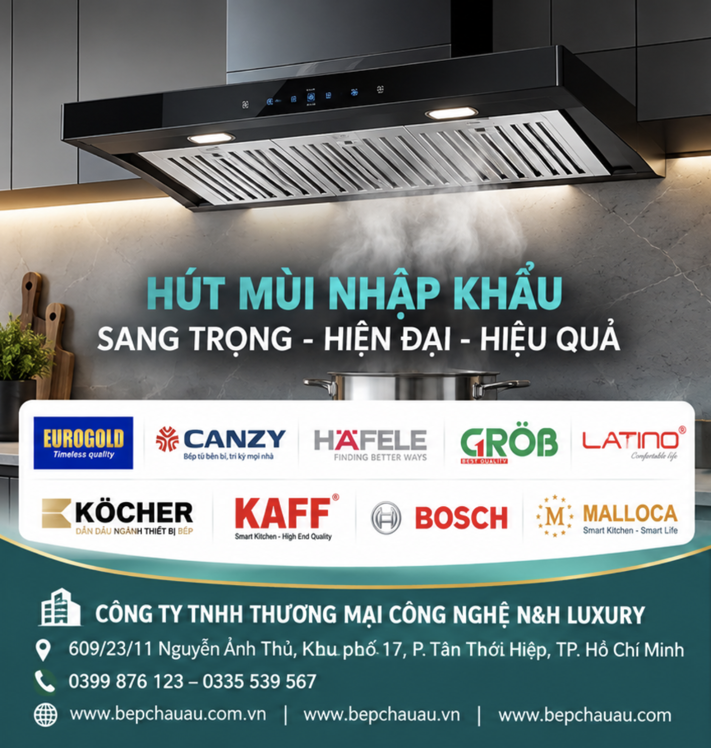 Máy hút mùi chính hãng KAFF, Latino, Canzy, Kocher, Malloca, Hafele. Đa dạng mẫu âm tủ, kính cong, chữ T, hút mùi đảo. Xem giá tại Bếp Châu Âu.