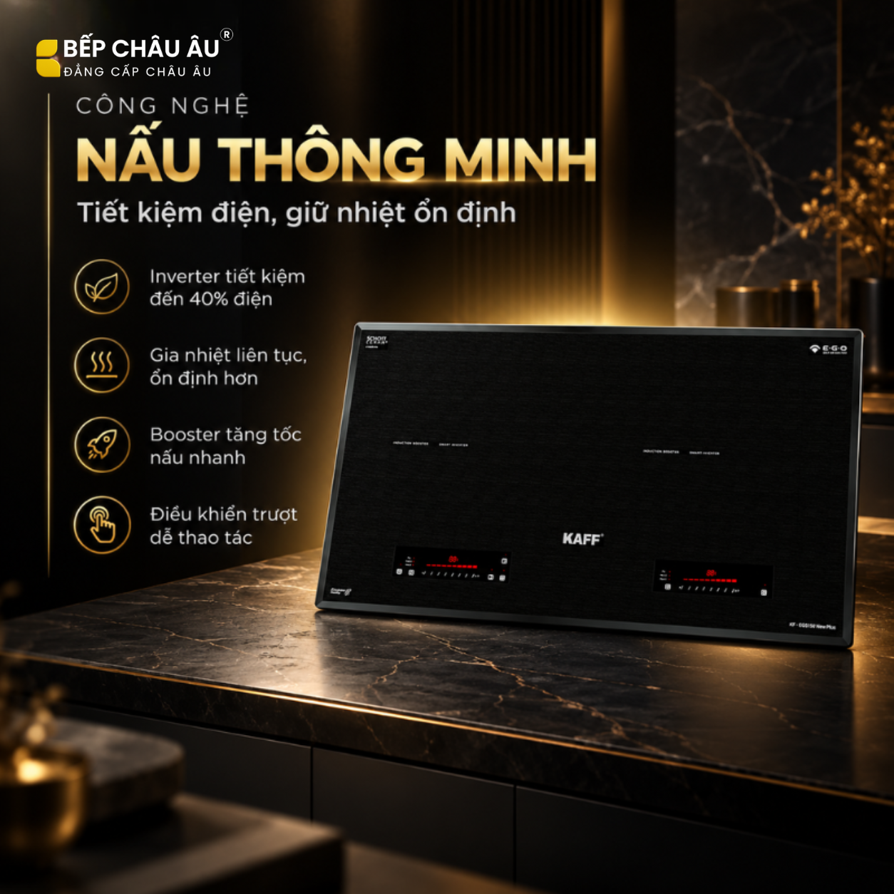 Bếp từ đôi KAFF KF-EG502II New Plus hai vùng nấu Inverter Booster kính Schott Ceran