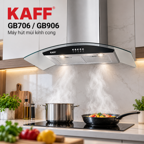 Máy Hút Mùi Kính Cong KAFF GB706 / GB906 Inox Kính Đen 1000m³/h