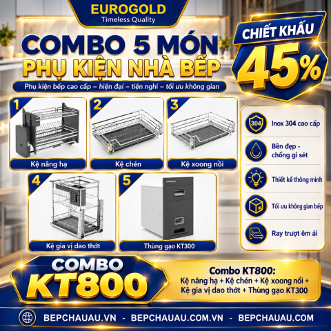COMBO 5 MÓN PHỤ KIỆN NHÀ BẾP EUROGOLD NAN DẸT – INOX 304 CAO CẤP