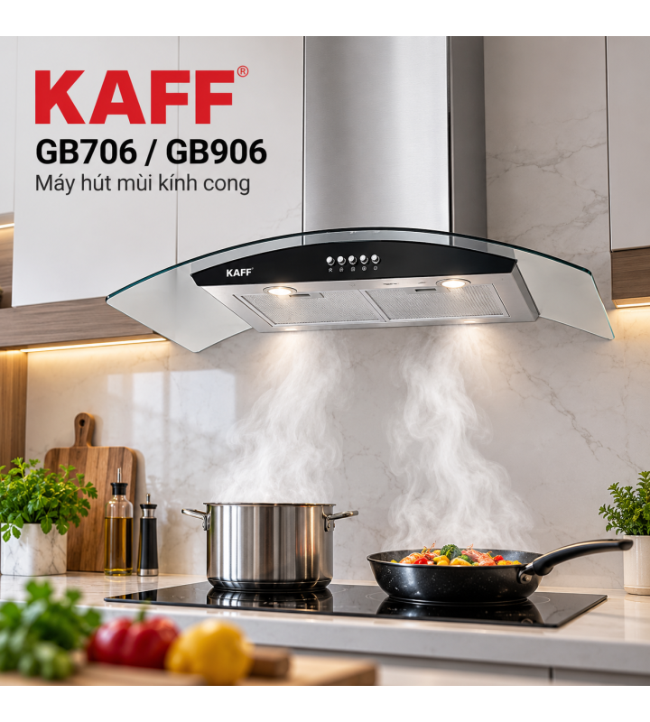 Máy Hút Mùi Kính Cong KAFF GB706 / GB906 Inox Kính Đen 1000m³/h