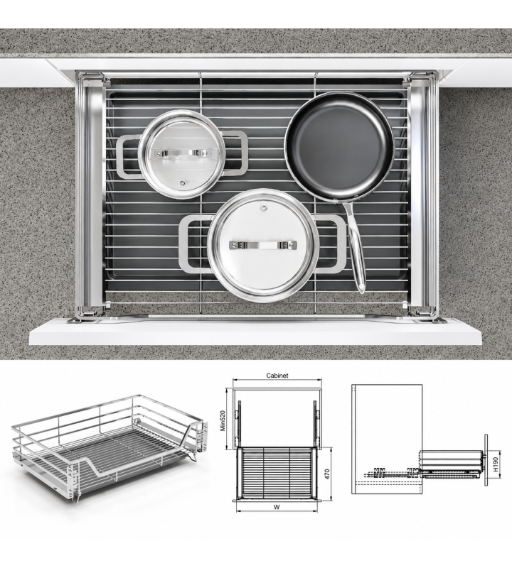 Giá Xoong Nồi Nan Dẹt Inox Mờ EUROGOLD 304 – Gắn Cánh Âm Tủ Cao Cấp