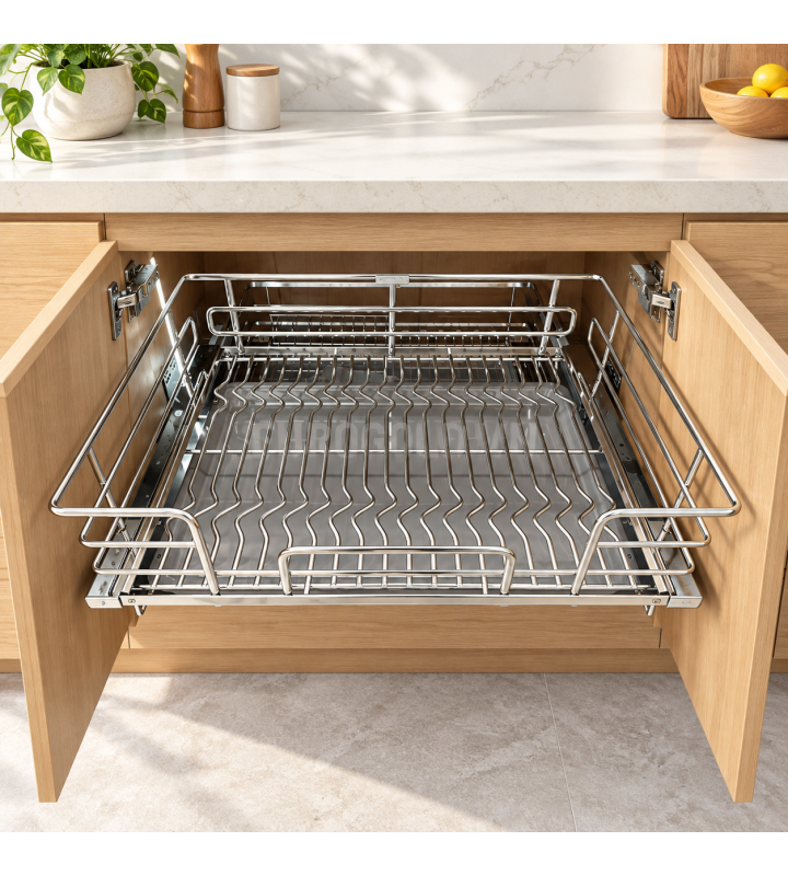 Giá Xoong Nồi Nan Oval Âm Tủ EUROGOLD Inox 304 – Gắn Cánh, Ray Giảm Chấn