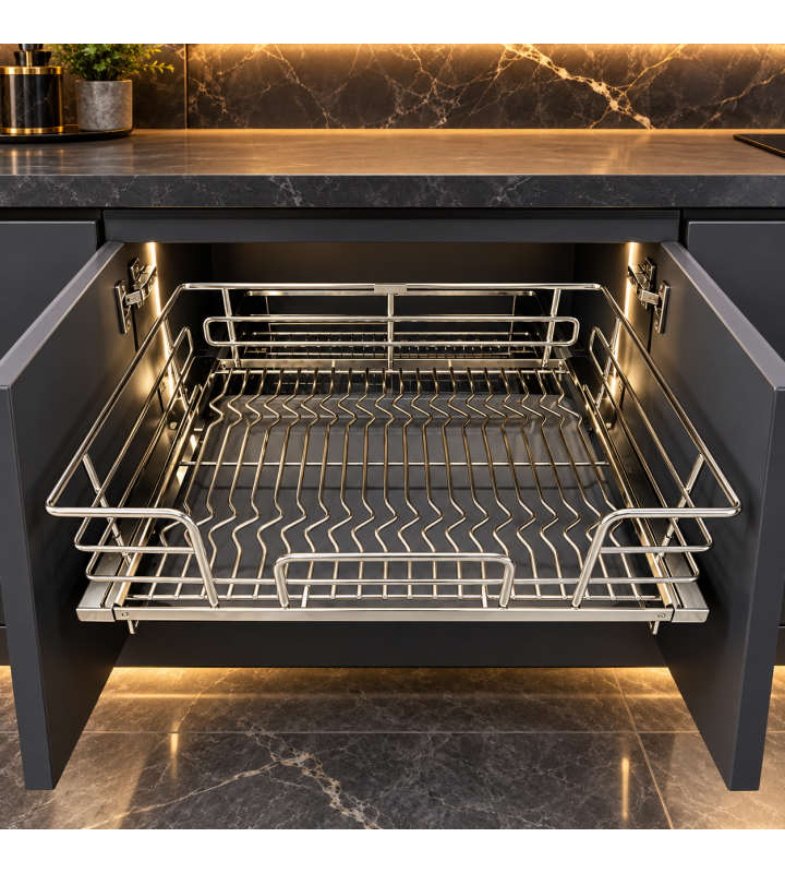 Giá Xoong Nồi Nan Oval Âm Tủ EUROGOLD Inox 304 – Gắn Cánh, Ray Giảm Chấn