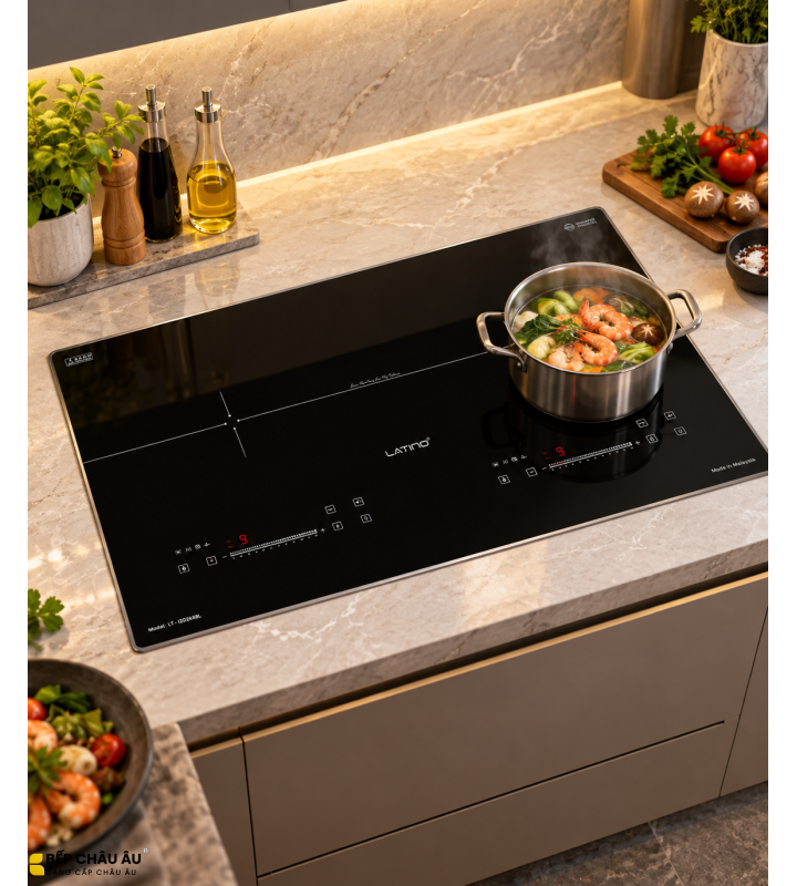 Bếp Từ Đôi Latino LT-I2D2688L Made In Malaysia – 2 Vùng Nấu Booster 2400W, Mặt Kính Nano Chống Xước, Warm, Fry, Steam