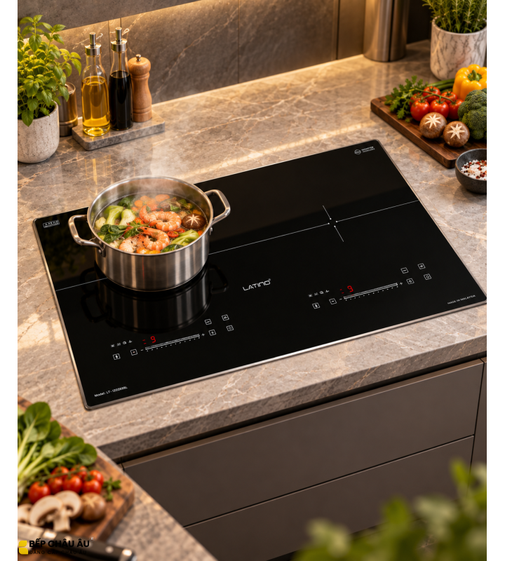 Bếp Từ Đôi Latino LT-I2D2688L Made In Malaysia – 2 Vùng Nấu Booster 2400W, Mặt Kính Nano Chống Xước, Warm, Fry, Steam