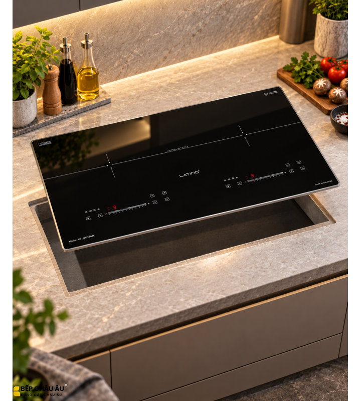 Bếp Từ Đôi Latino LT-I2D2688L Made In Malaysia – 2 Vùng Nấu Booster 2400W, Mặt Kính Nano Chống Xước, Warm, Fry, Steam