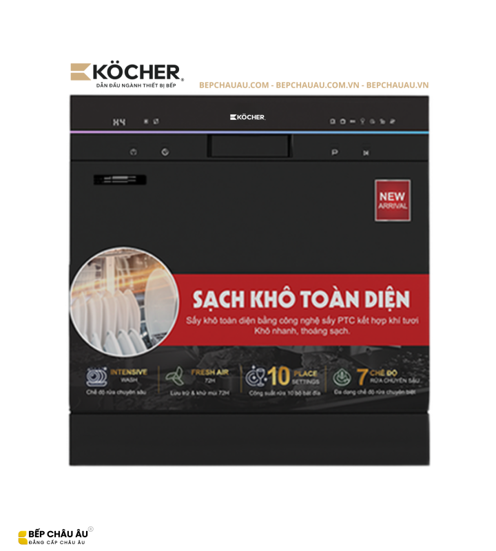 Máy Rửa Bát Köcher X10 PRO 10 Bộ – Sấy PTC Khí Tươi 72H, Diệt Khuẩn UV, 7 Chương Trình Rửa