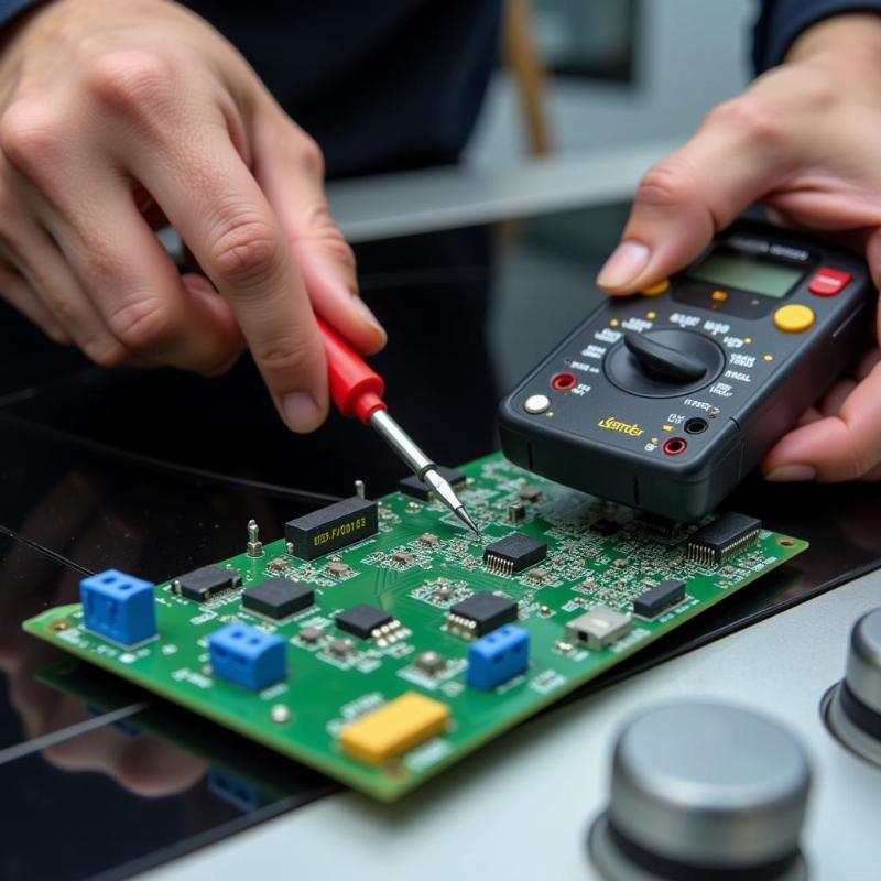 Kiểm tra c&aacute;c linh kiện v&agrave; bo mạch tr&ecirc;n bếp từ bằng m&aacute;y đo điện trở v&agrave; tua v&iacute;t.