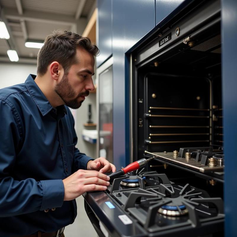 Thợ sửa chữa đang kiểm tra bếp từ bị k&ecirc;u to.