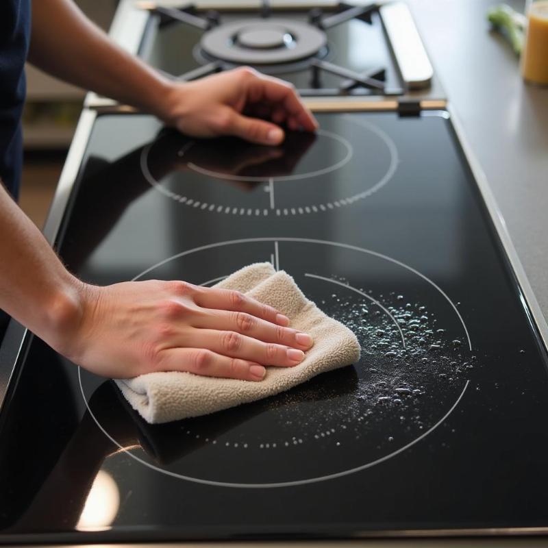 Vệ sinh bếp từ c&ocirc;ng nghiệp đ&uacute;ng c&aacute;ch với khăn ẩm sau khi sử dụng.